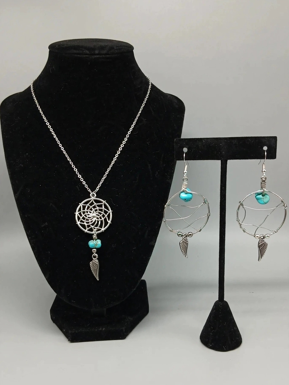 Silver Dreamcatcher Necklace & Earrings Set with Turquoise Beads - Women Jewelry